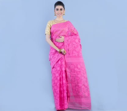 Handloom Jamdani Saree With all Body Work - Pink - ArtisanSoul