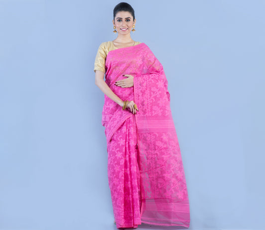 Handloom Jamdani Saree With all Body Work - Pink - ArtisanSoul