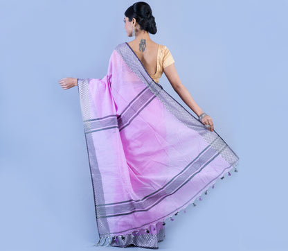 Handloom Saree - light Purple With Checkered Zari Par - ArtisanSoul