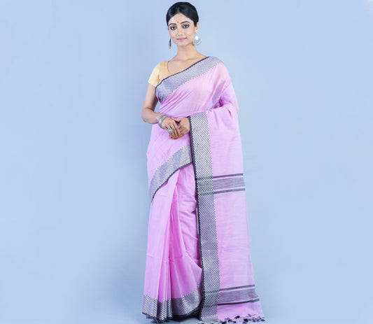 Handloom Saree - light Purple With Checkered Zari Par - ArtisanSoul