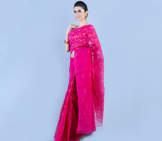 Handloom Jamdani Saree with all Body Work - Deep Pink - ArtisanSoul