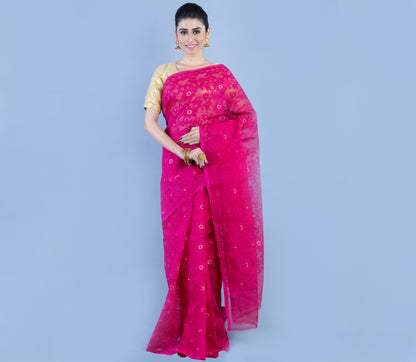 Handloom Jamdani Saree with all Body Work - Deep Pink - ArtisanSoul