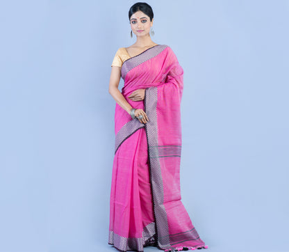 Handloom Saree - Pink with Checkered Zari Par - ArtisanSoul