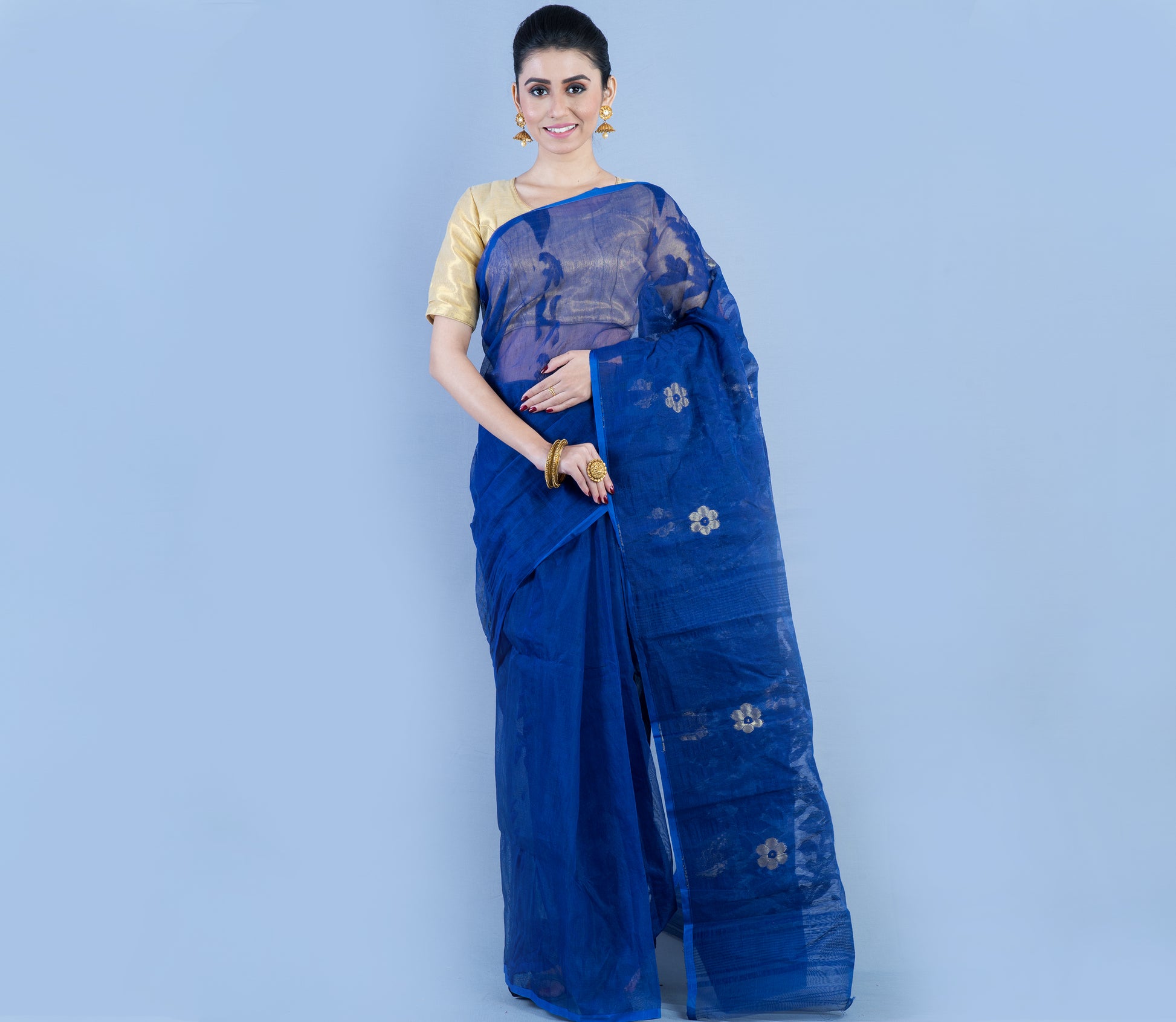 Handloom Jamdani Saree - Navy Blue - ArtisanSoul