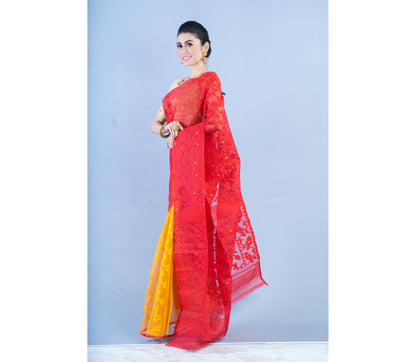 Handloom Jamdani Saree - Red and Yellow - ArtisanSoul