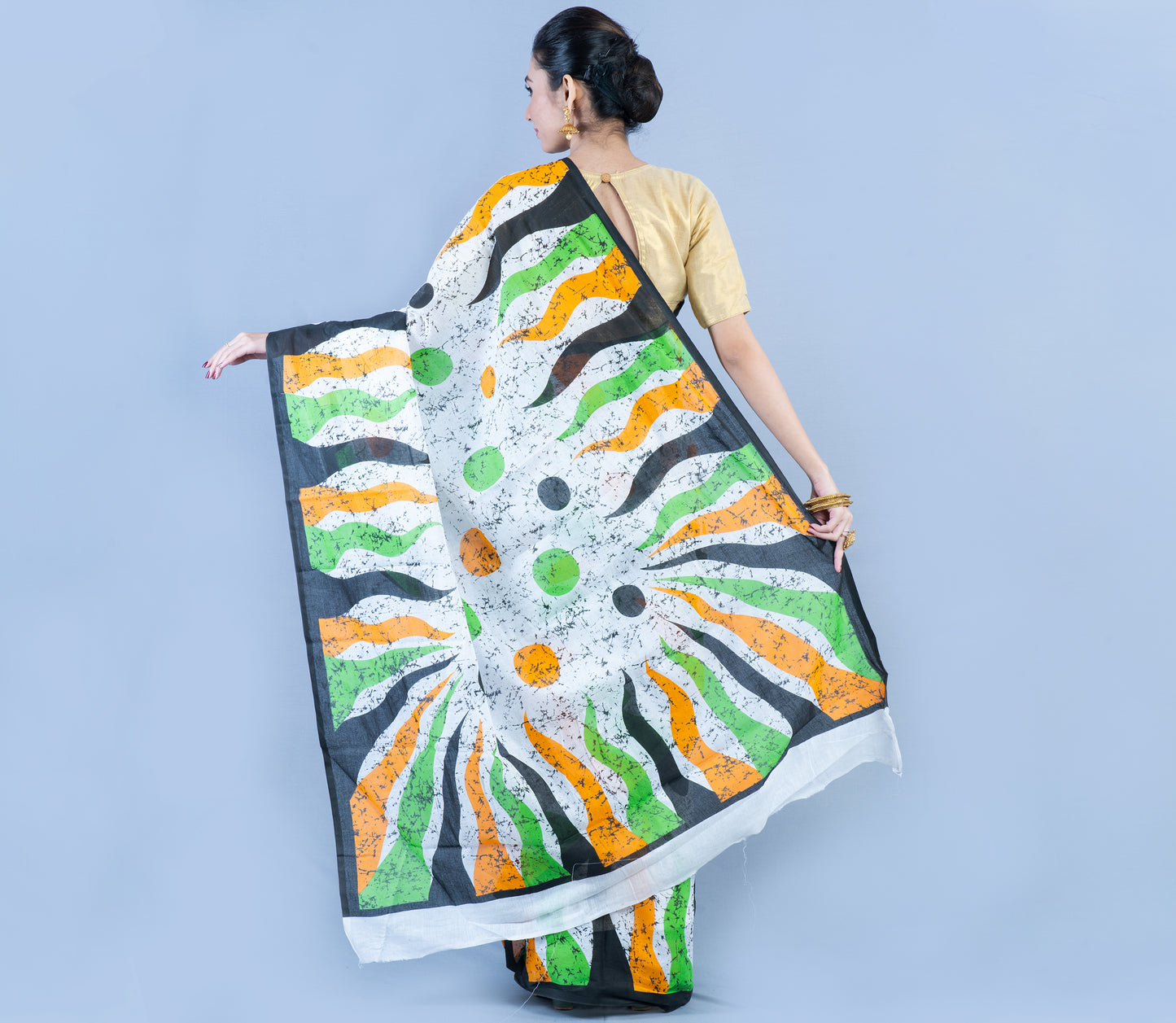 Handloom Printed Cotton saree - Yellow Green & Black On White - ArtisanSoul