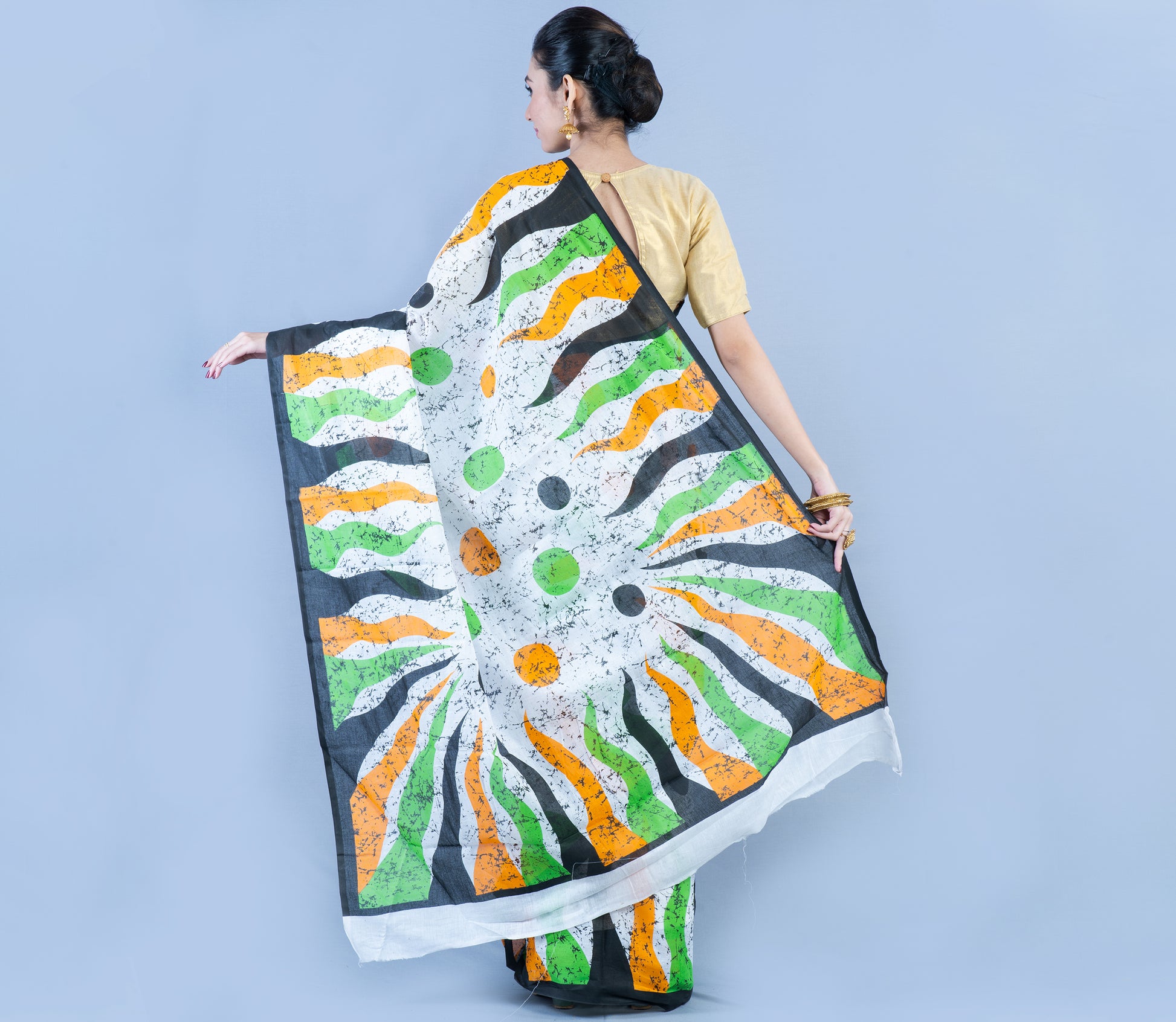 Handloom Printed Cotton saree - Yellow Green & Black On White - ArtisanSoul
