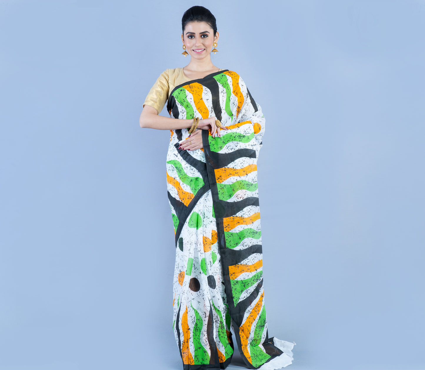 Handloom Printed Cotton saree - Yellow Green & Black On White - ArtisanSoul