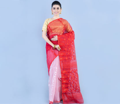 Handloom Jamdani Saree - Red and White - ArtisanSoul