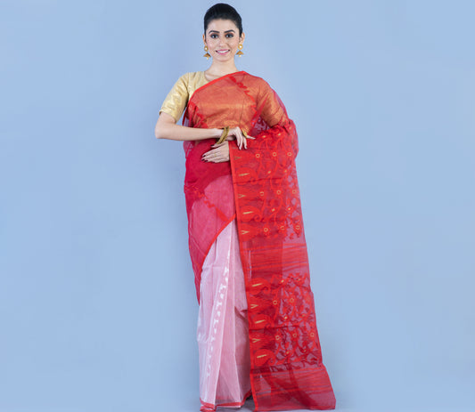 Handloom Jamdani Saree - Red and White - ArtisanSoul