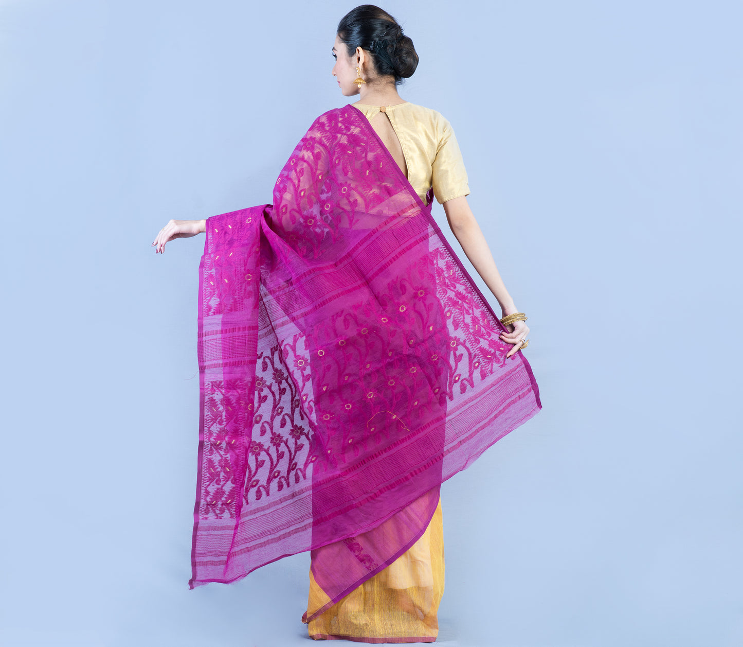 Handloom Jamdani Saree - Yellow and Purple - ArtisanSoul