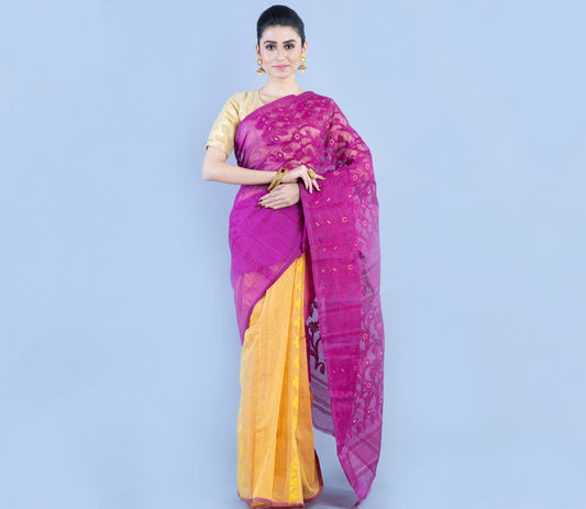 Handloom Jamdani Saree - Yellow and Purple - ArtisanSoul