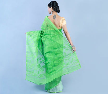 Handloom Jamdani Saree - Green and White - ArtisanSoul
