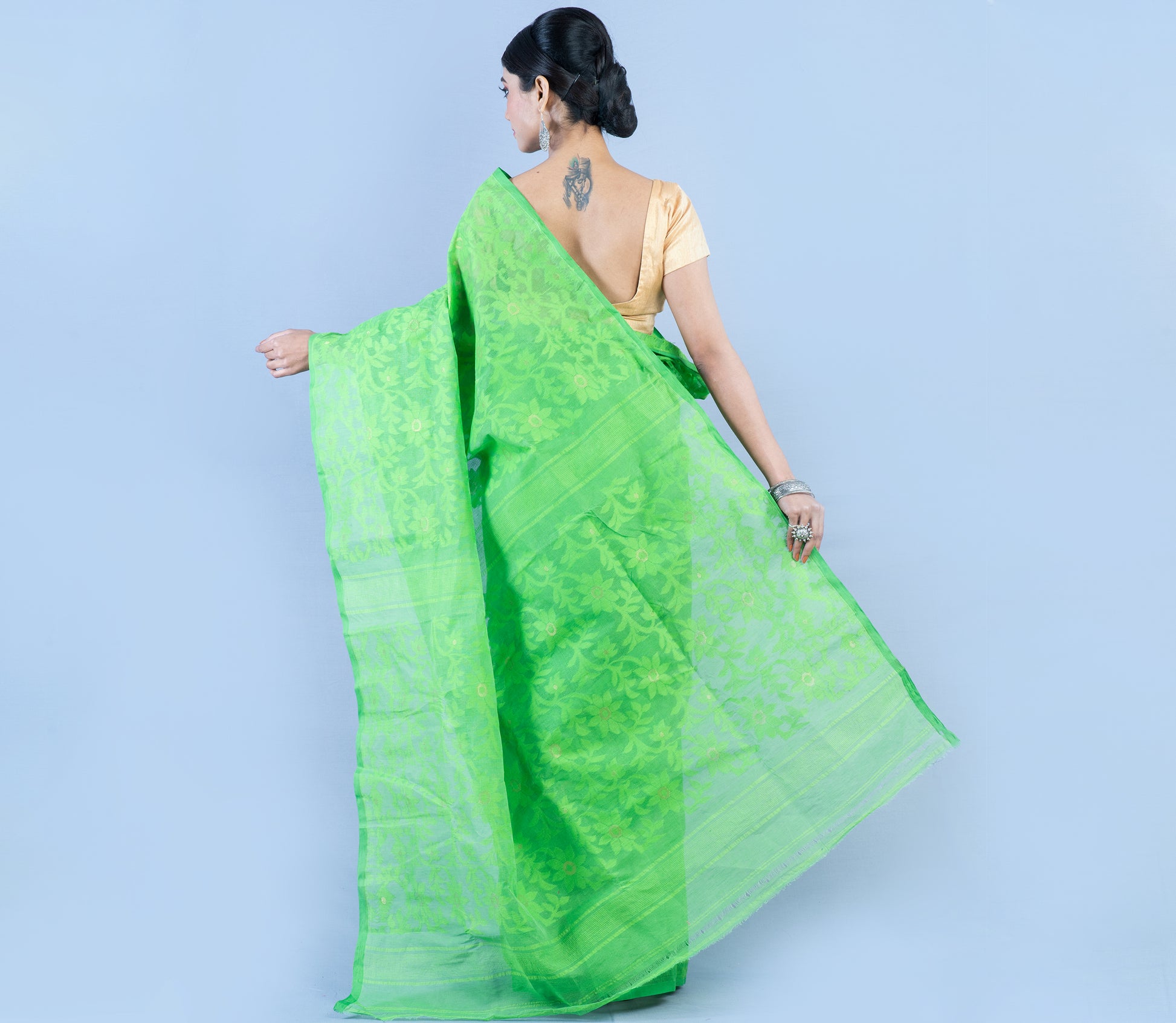 Handloom Jamdani Saree With all Body Work - Green - ArtisanSoul