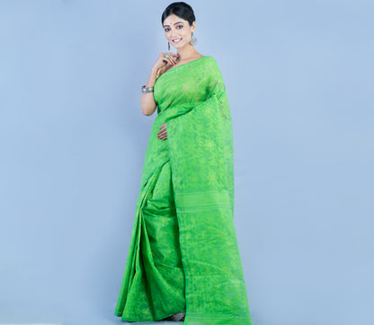 Handloom Jamdani Saree With all Body Work - Green - ArtisanSoul