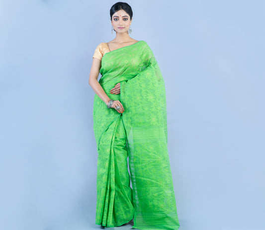 Handloom Jamdani Saree With all Body Work - Green - ArtisanSoul