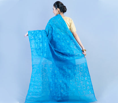 Handloom Jamdani Saree with all body Work - Azure Blue - ArtisanSoul