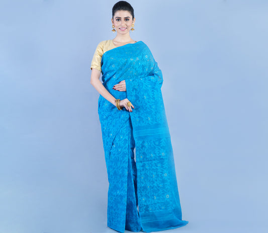 Handloom Jamdani Saree with all body Work - Azure Blue - ArtisanSoul