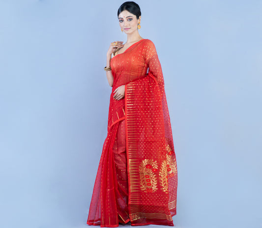 HANDLOOM SAREE WITH ZARI WORK ALL OVER THE SAREE - RED - ArtisanSoul