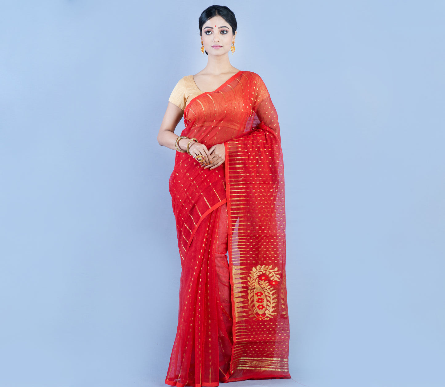 HANDLOOM SAREE WITH ZARI WORK ALL OVER THE SAREE - RED - ArtisanSoul
