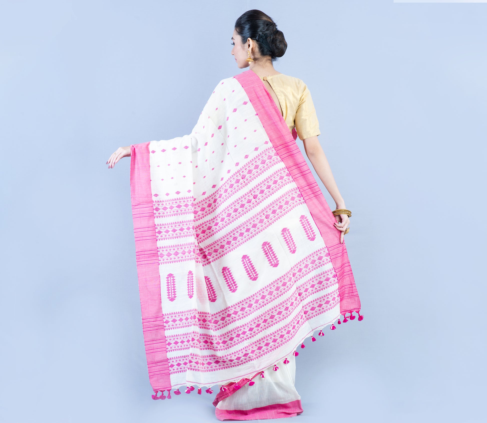 Neemki Kaj on Handloom Saree - White & Pink - ArtisanSoul