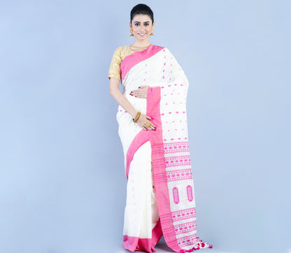 Neemki Kaj on Handloom Saree - White & Pink - ArtisanSoul