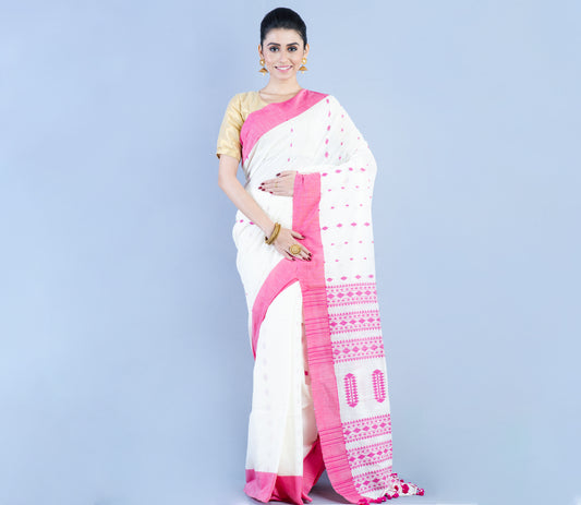 Neemki Kaj on Handloom Saree - White & Pink - ArtisanSoul