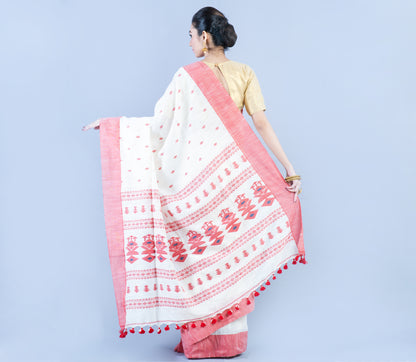 Neemki Kaj on Handloom Saree - White & Red - ArtisanSoul