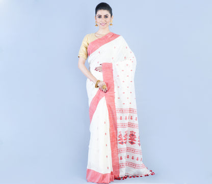 Neemki Kaj on Handloom Saree - White & Red - ArtisanSoul