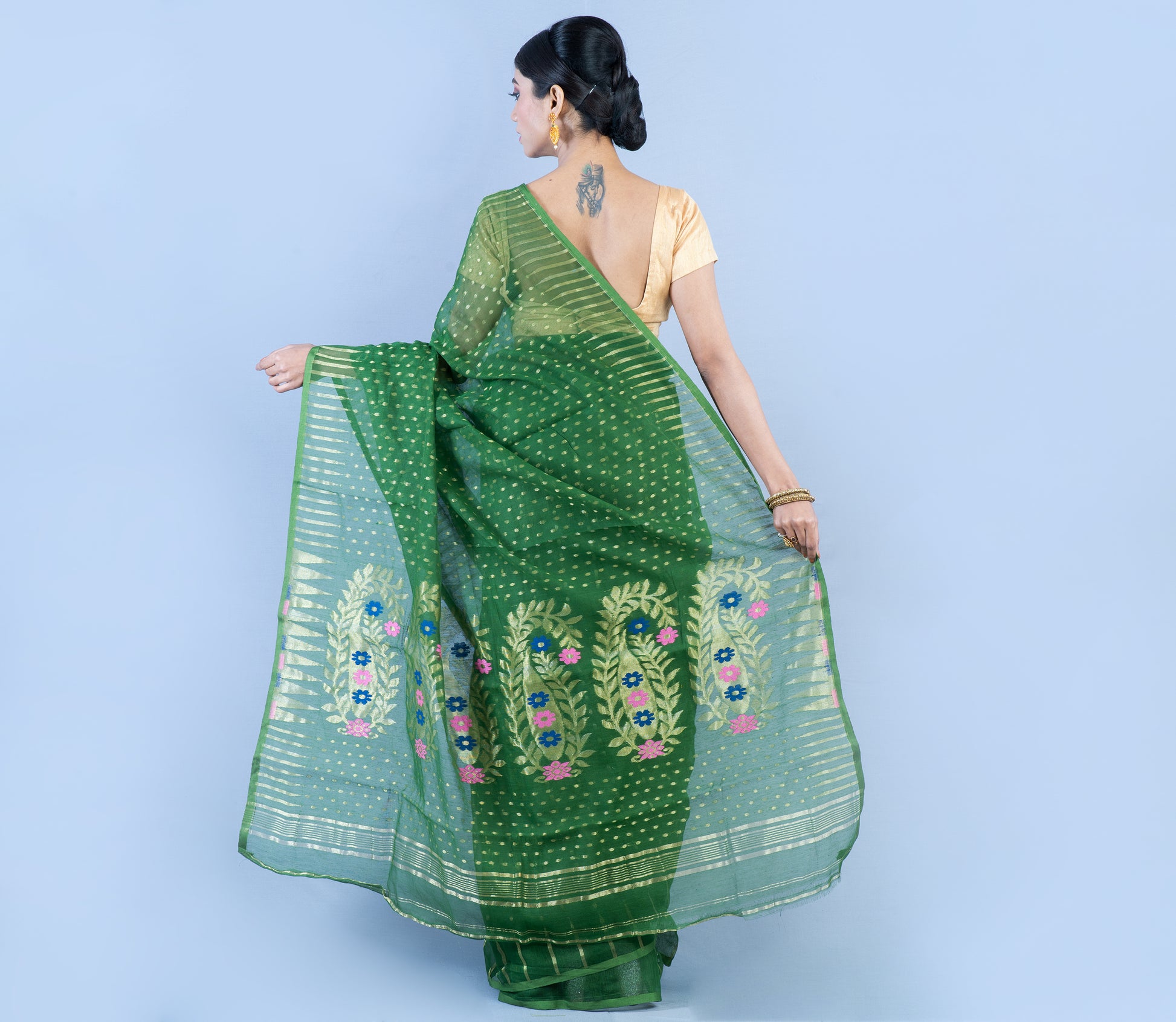 Handloom Saree with all over Zari work on saree - Bottle Green - ArtisanSoul
