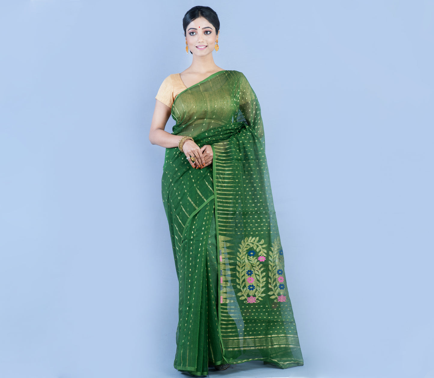 Handloom Saree with all over Zari work on saree - Bottle Green - ArtisanSoul