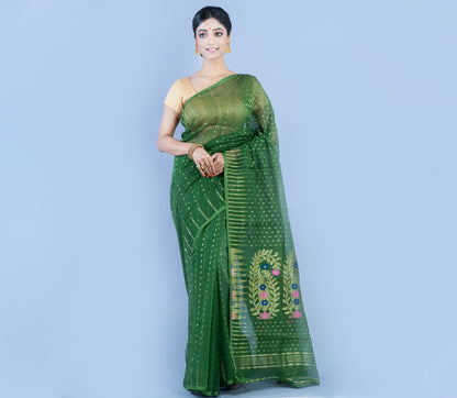Handloom Saree with all over Zari work on saree - Bottle Green - ArtisanSoul