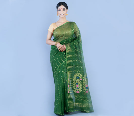 Handloom Saree with all over Zari work on saree - Bottle Green - ArtisanSoul