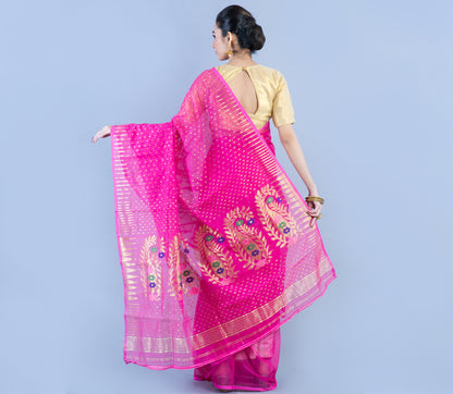 Handloom Saree with Zari Work all over the Saree - Pink - ArtisanSoul