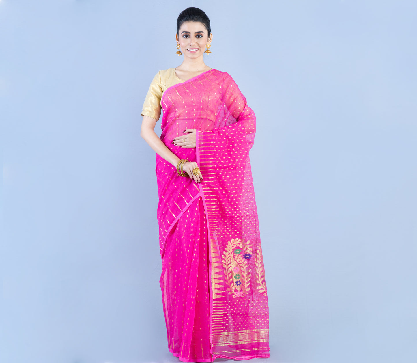 Handloom Saree with Zari Work all over the Saree - Pink - ArtisanSoul