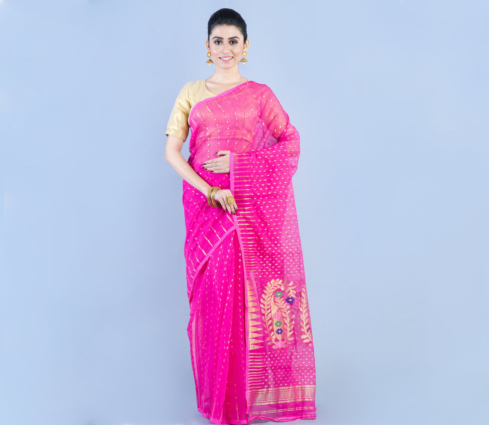 Handloom Saree with Zari Work all over the Saree - Pink - ArtisanSoul