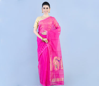 Handloom Saree with Zari Work all over the Saree - Pink - ArtisanSoul
