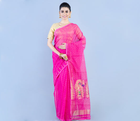 Handloom Saree with Zari Work all over the Saree - Pink - ArtisanSoul