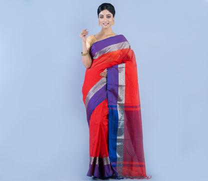 Handloom Tant Saree - Red With Violet Par - ArtisanSoul