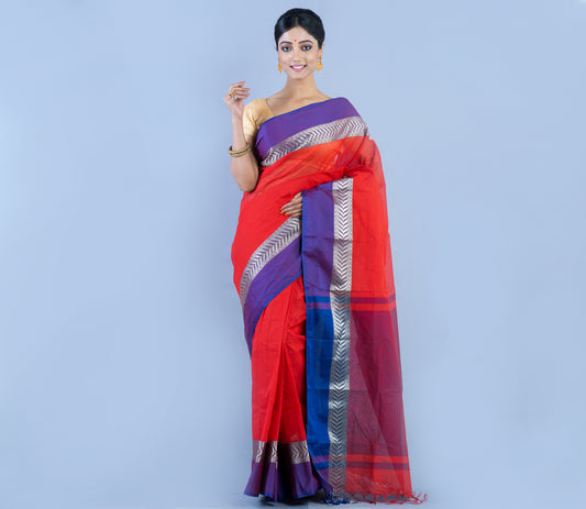 Handloom Tant Saree - Red With Violet Par - ArtisanSoul