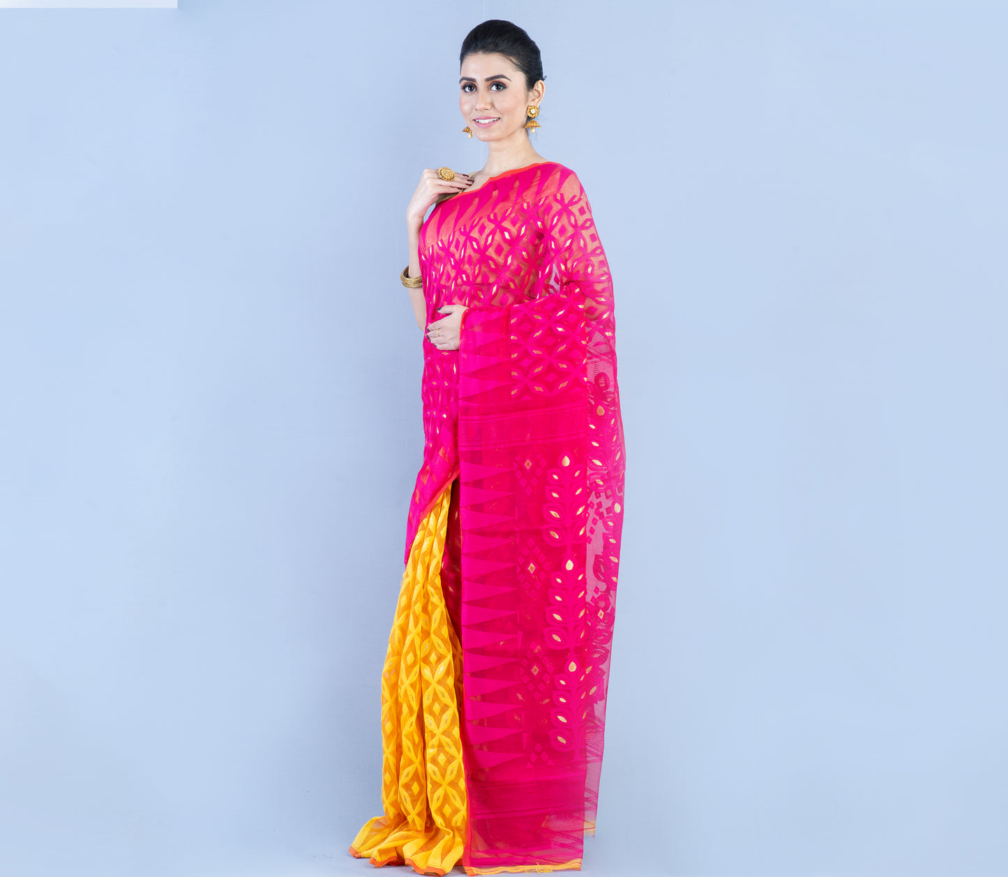 Minakari Jamdani Saree - Pink and Yellow - ArtisanSoul