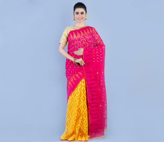 Minakari Jamdani Saree - Pink and Yellow - ArtisanSoul