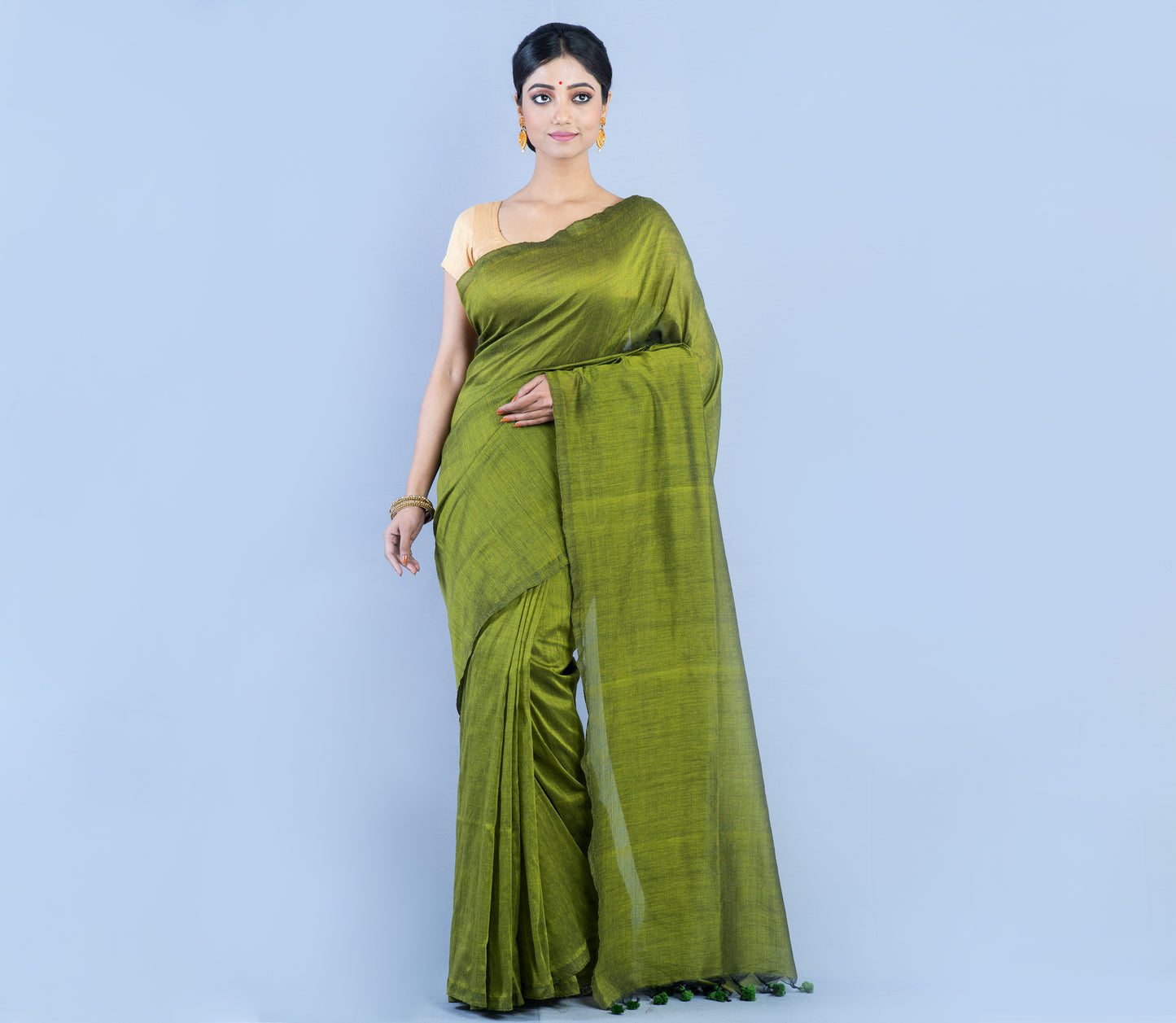 Handloom Saree - Olive Green - ArtisanSoul