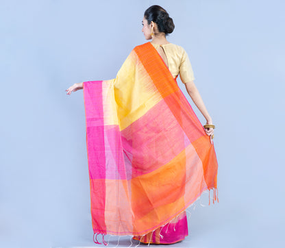 Handloom Saree With Ganga Jamuna Par - Pink & Orange on Yellow - ArtisanSoul