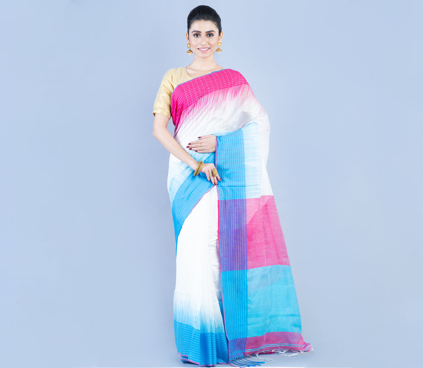 Handloom Saree With Ganga - Jamuna Par - Pink & Blue on White - ArtisanSoul