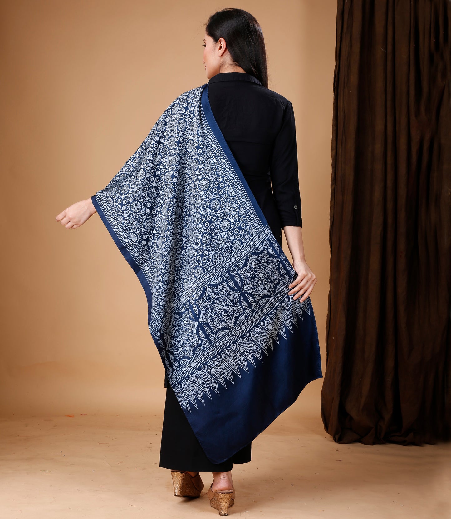 Ajrakh Print Modal Silk Stole From Bengal - Blue