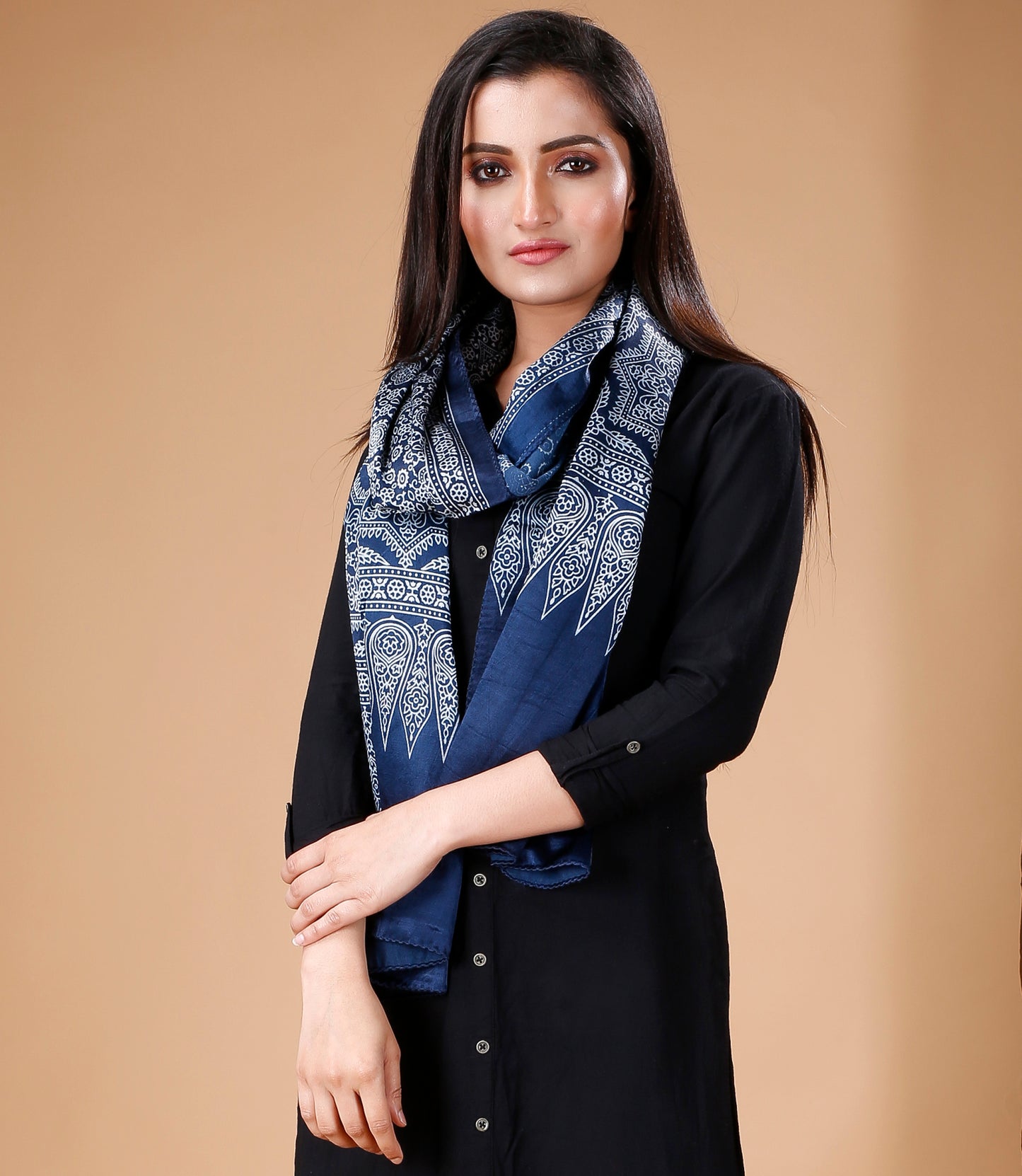 Ajrakh Print Modal Silk Stole From Bengal - Blue