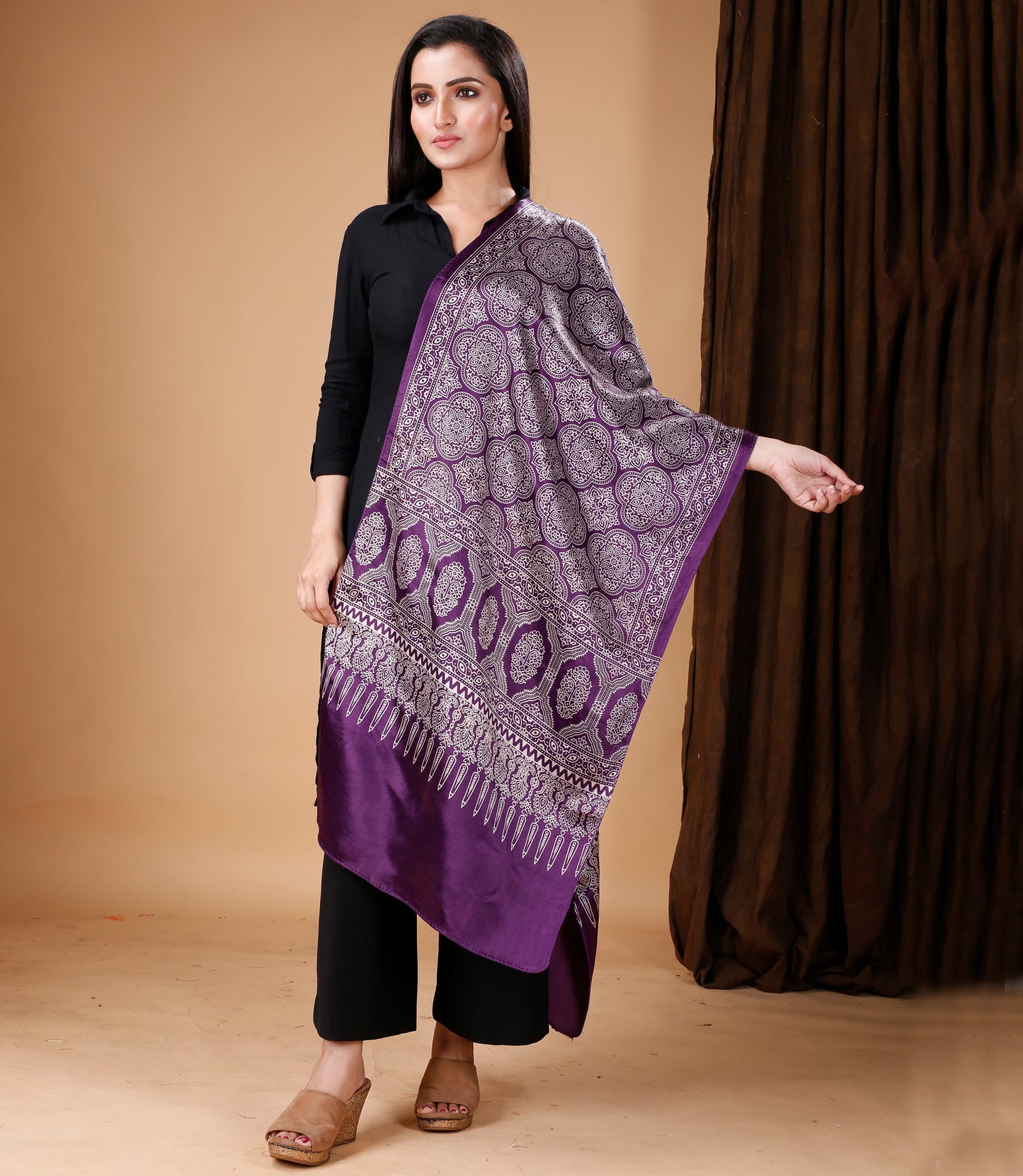 Ajrakh Print Modal Silk Stole From Bengal - Violet