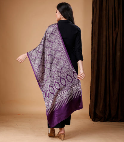 Ajrakh Print Modal Silk Stole From Bengal - Violet