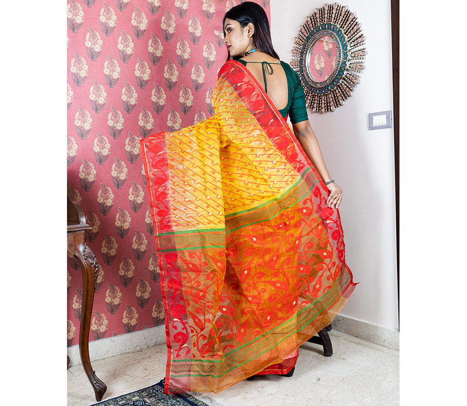 Handloom Jamdani Anchal Kuchi - Red and Yellow